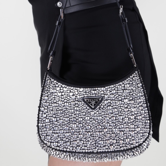Prada Crystal Cleo Black Leather Silver Swarovski NIB Shoulder Bag Handag - Picture 1 of 9